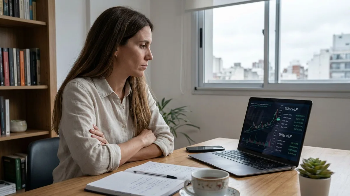 Foto de una mujer de brazos cruzados que mira una laptop con el gráfico del dólar MEP, junto a una ventana