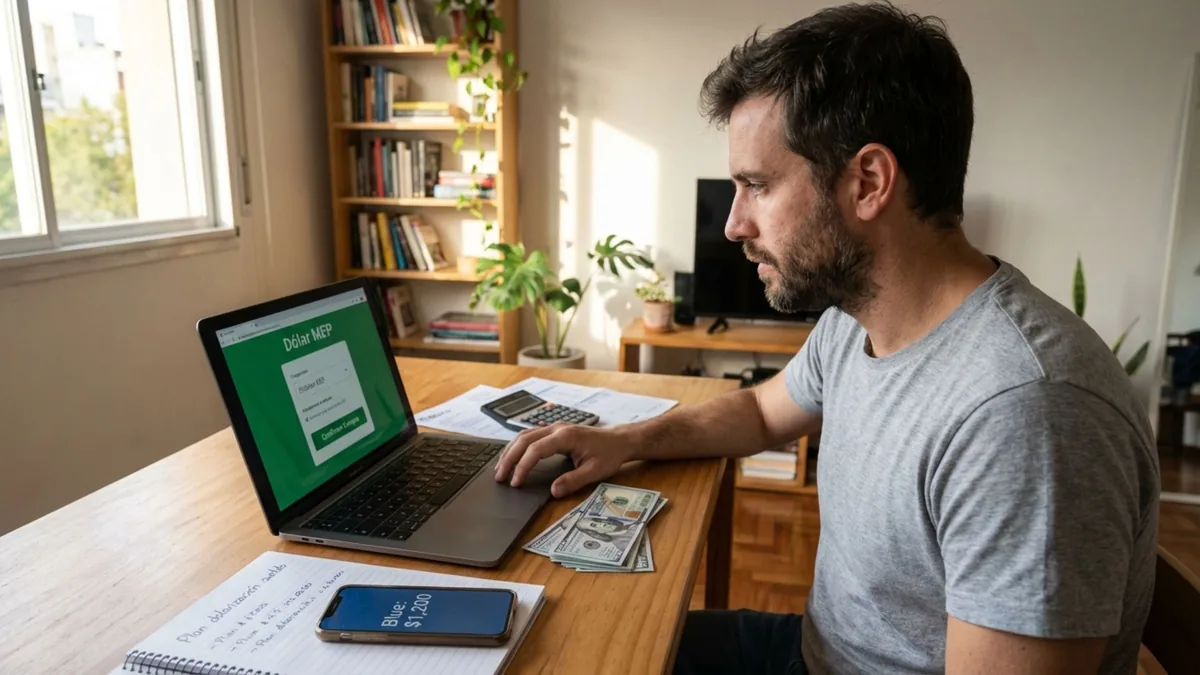 Foto de un hombre frente a una laptop abierta en el dólar MEP, con billetes de dólar, una calculadora y un celular