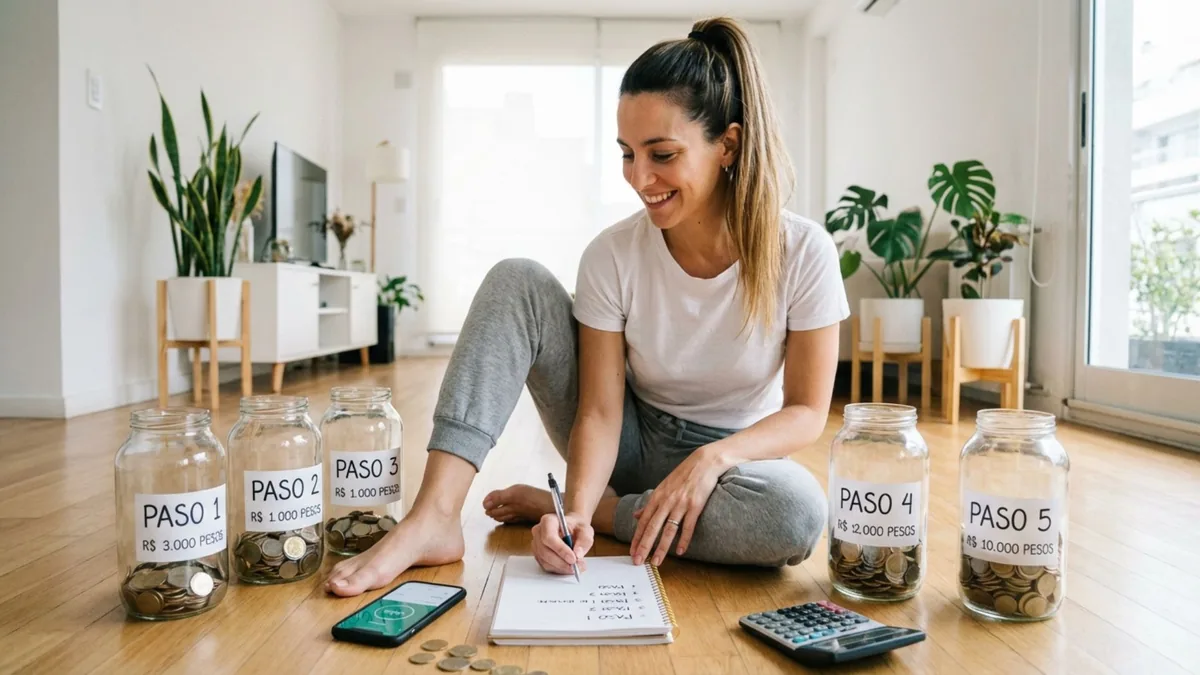 Foto de una mujer sentada en el piso anotando en un cuaderno, entre frascos con monedas rotulados del paso 1 al 5
