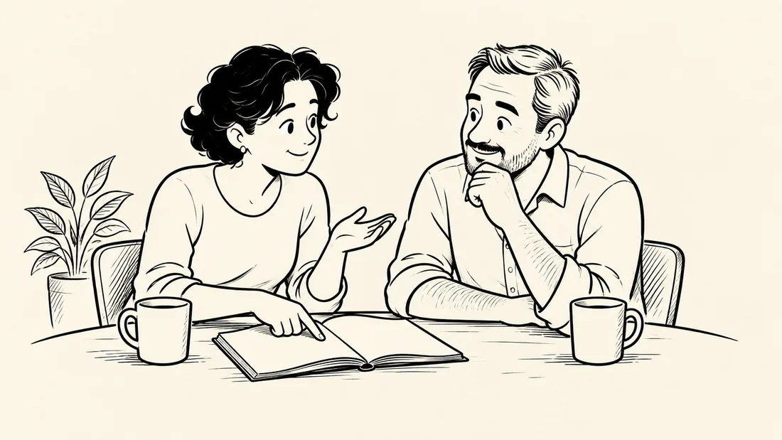 Acuarela de dos personas sentadas lado a lado en una mesa chica: una escucha con atención y la otra señala un cuaderno abierto