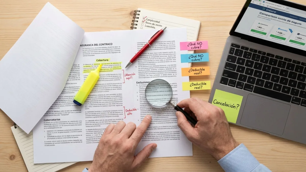 Foto de dos manos que revisan un contrato de seguro con una lupa, con notas adhesivas que preguntan '¿Qué NO cubre?'