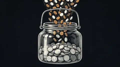 Muchas monedas chicas cayendo dentro de un mismo frasco que tiene una sola asa