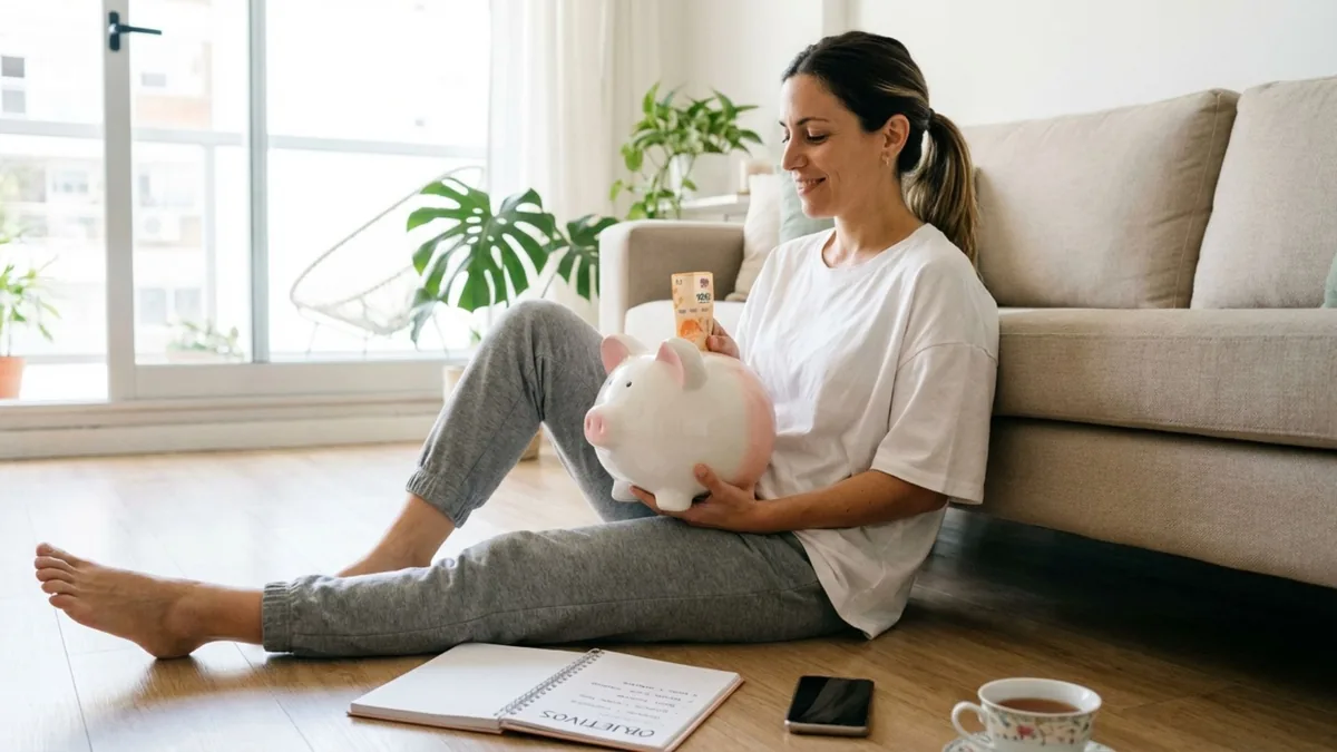 Foto de una mujer sentada en el piso del living que mete un billete en un chanchito blanco, con un cuaderno de objetivos