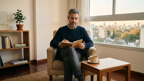 Foto de un hombre canoso que lee y anota en un libro sentado en un sillón, con una taza y la ciudad al atardecer