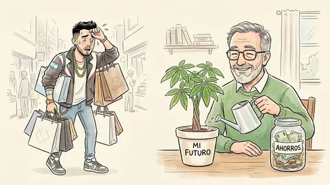 Ilustración de un joven cargado de bolsas de compras junto a un hombre mayor que riega una planta rotulada 'Mi futuro'