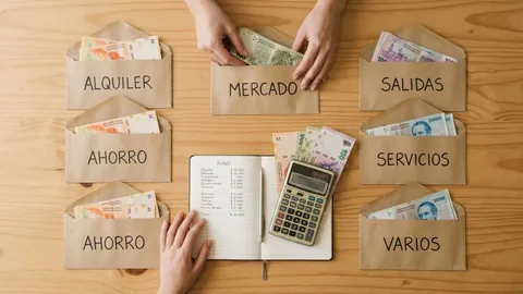 Foto cenital de sobres de papel madera con billetes, rotulados alquiler, mercado, ahorro, salidas, servicios y varios