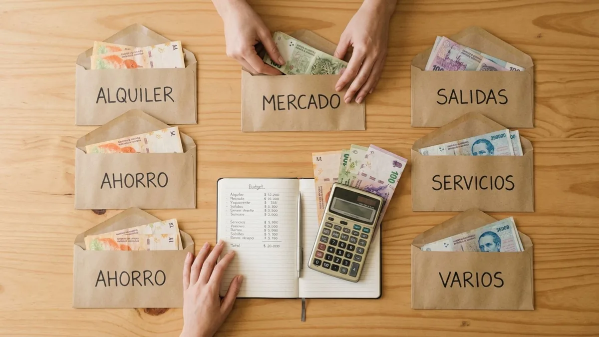 Foto cenital de sobres de papel madera con billetes, rotulados alquiler, mercado, ahorro, salidas, servicios y varios