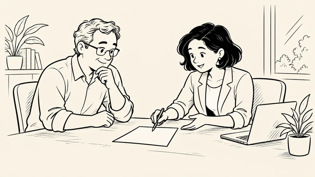 Acuarela de un cliente y una representante del banco que revisan juntos un documento, sentados a lados iguales del escritorio