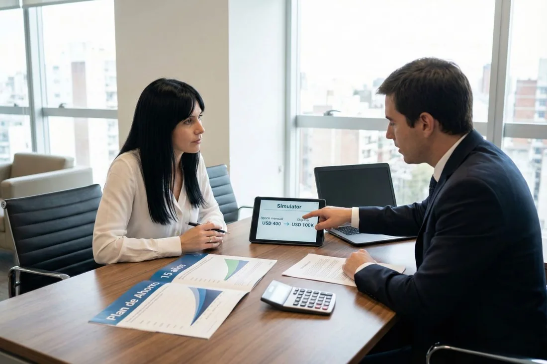 Profesional revisando plan de ahorro con capitalización con asesor financiero