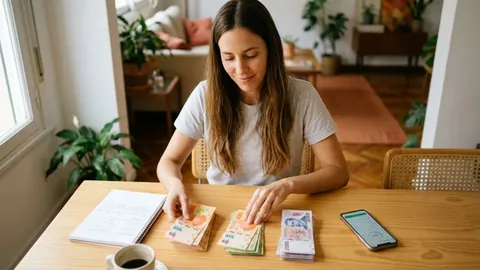 Foto de una mujer sentada a la mesa que reparte billetes en pesos en tres pilas, con un cuaderno, un café y un celular