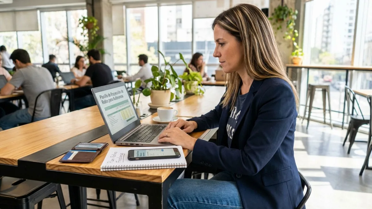Foto de una mujer de saco azul que trabaja en la laptop en un coworking, con una planilla de proyección de retiro en pantalla