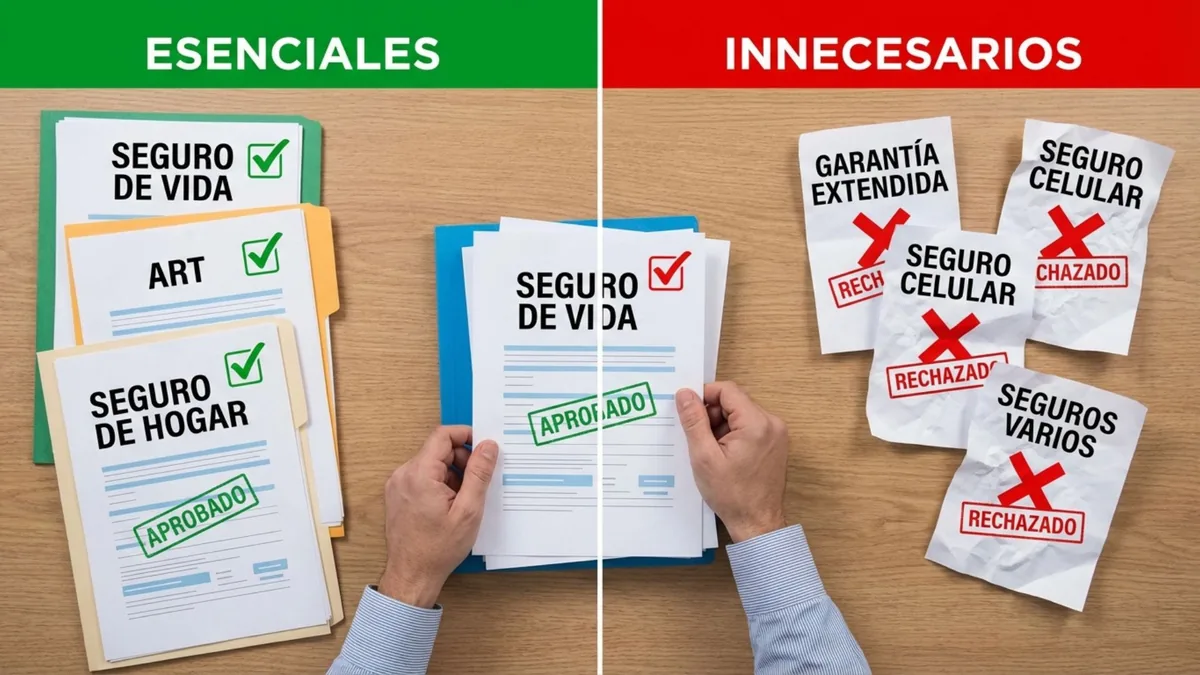 Foto en dos mitades: pólizas de vida, ART y hogar aprobadas bajo 'Esenciales' y otras tachadas en rojo bajo 'Innecesarios'