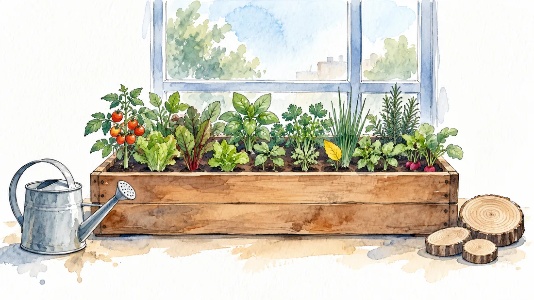 Acuarela de un cajón de madera ancho con muchas plantas chicas en filas, ninguna más grande que las otras, y anillos de crecimiento dibujados