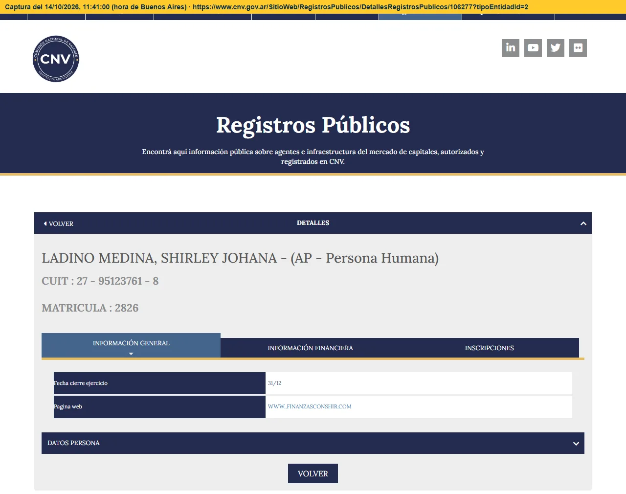 Registro de la CNV: Ladino Medina, Shirley Johana, AP persona humana, matrícula 2826, página web finanzasconshir.com