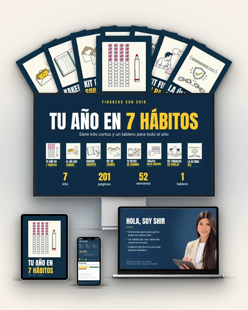 Tu Año en 7 Hábitos en una tablet, con el Tablero de Hábitos en la laptop