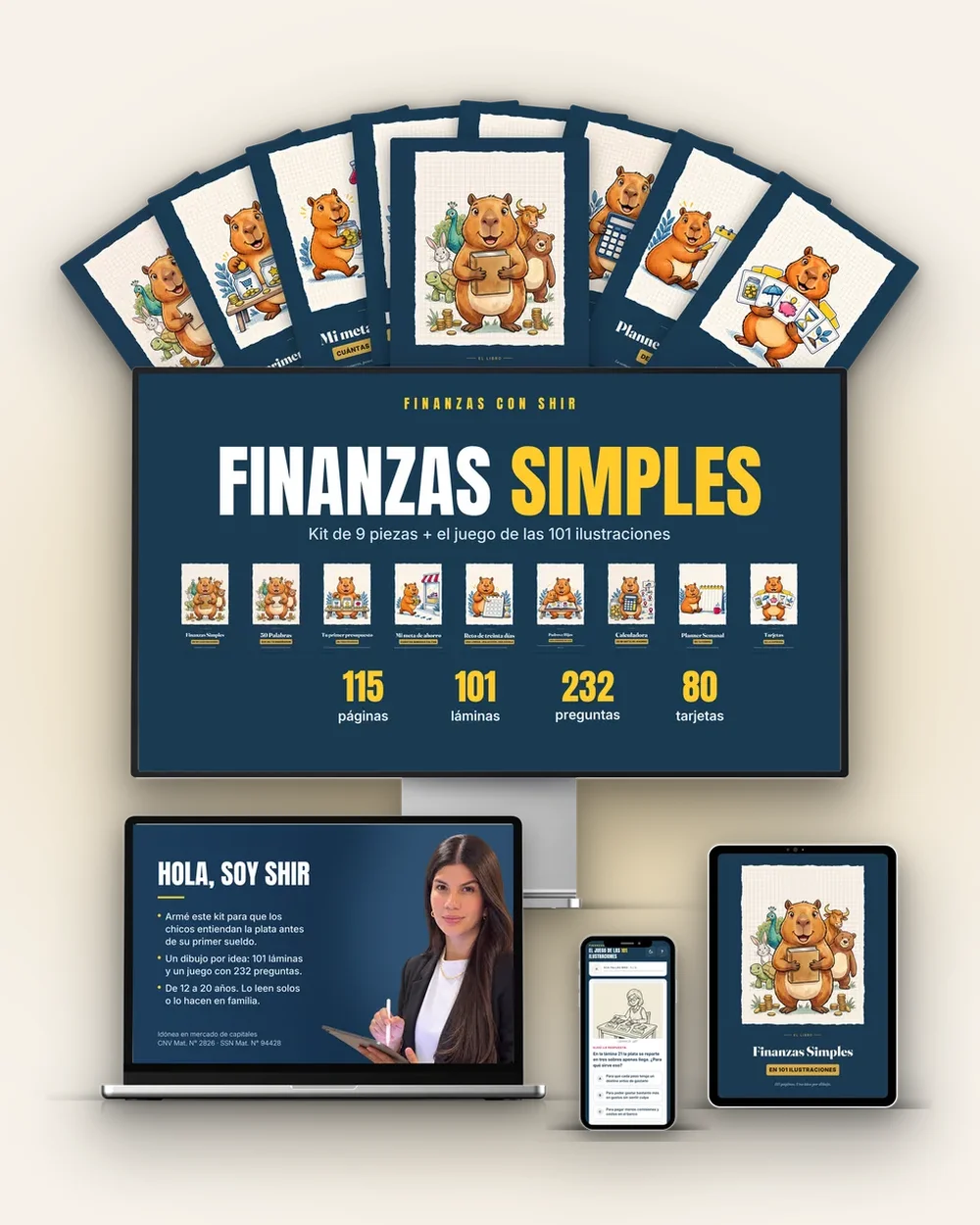 Finanzas Simples en 101 Ilustraciones, kit · 9 piezas + juego, en pantalla