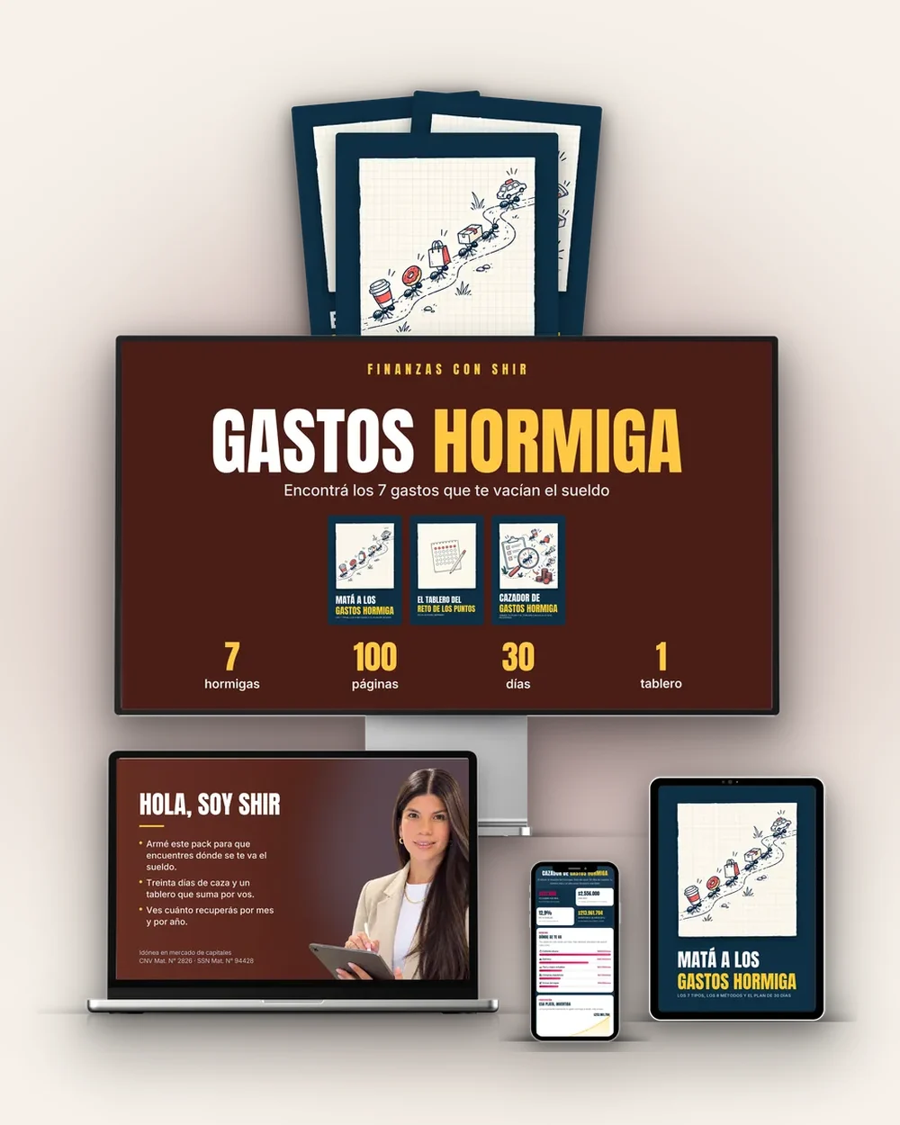 Matá a los Gastos Hormiga en una tablet, con el Cazador de Gastos Hormiga abierto en la laptop