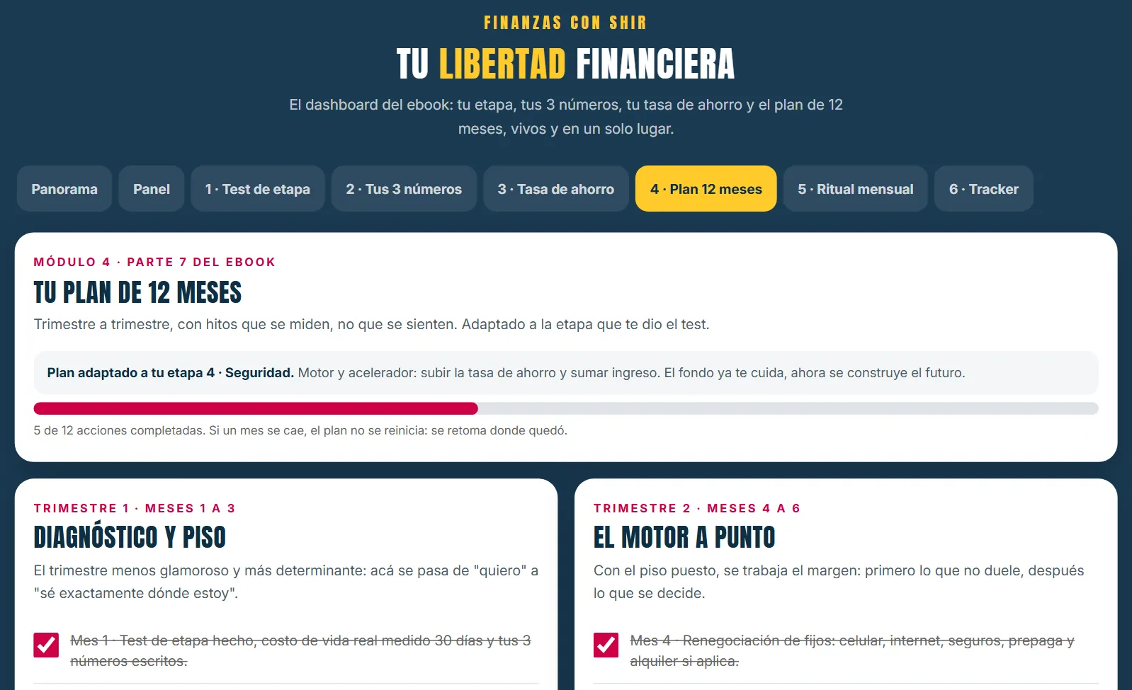 El tablero en la pestaña del plan de 12 meses, con los cuatro trimestres