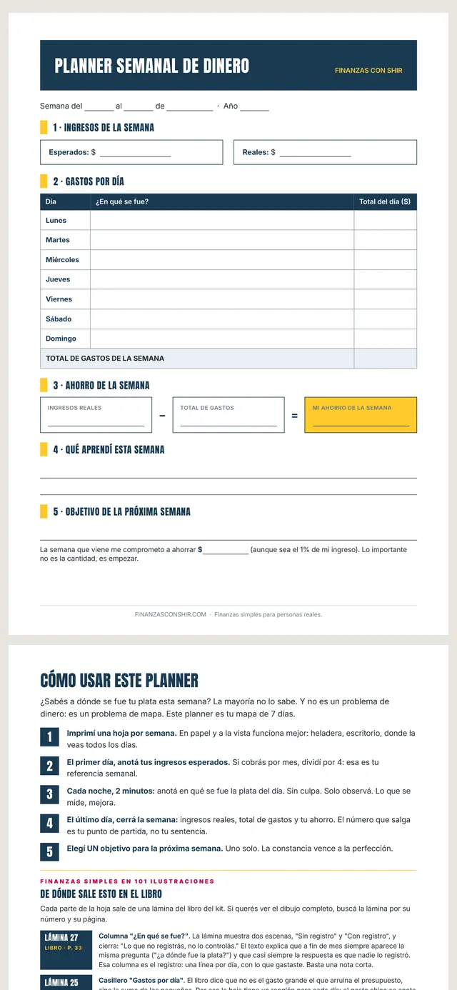 El planner semanal de dinero abierto en el celular