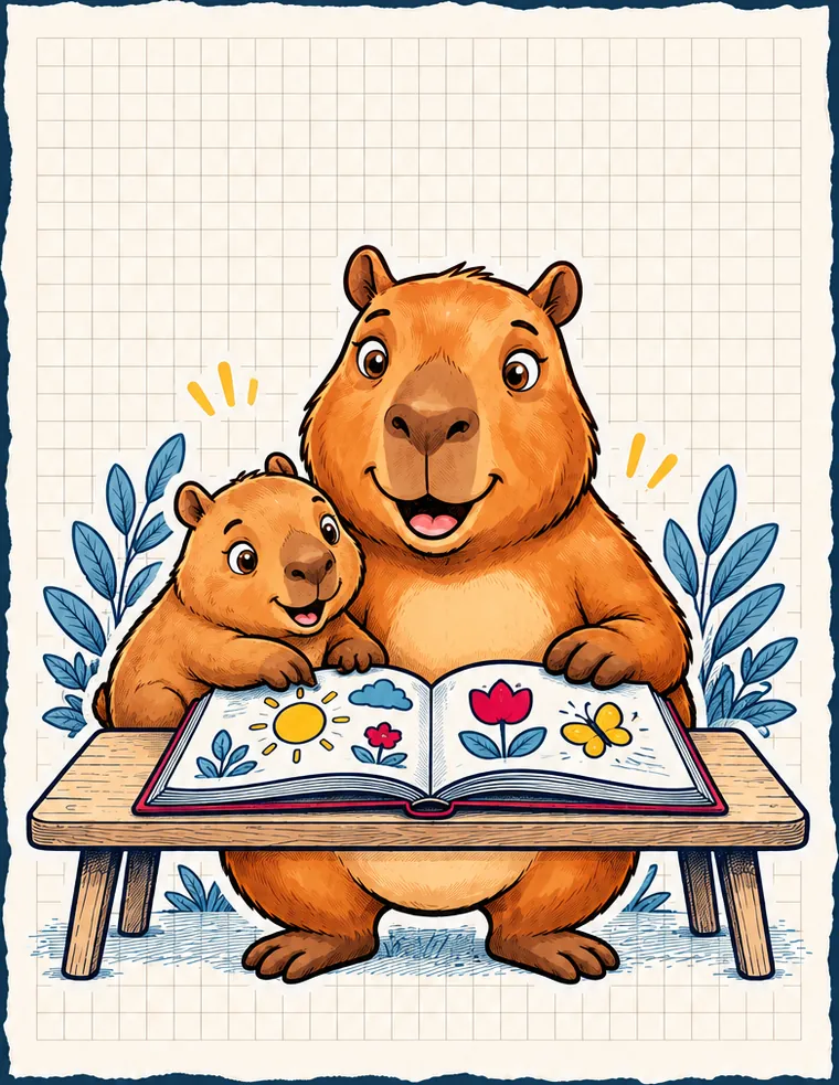 La capibara adulta y su cría leen juntas un libro abierto sobre una mesa