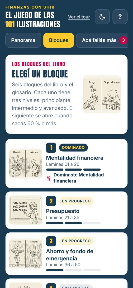 El juego en el celular, pestaña Bloques