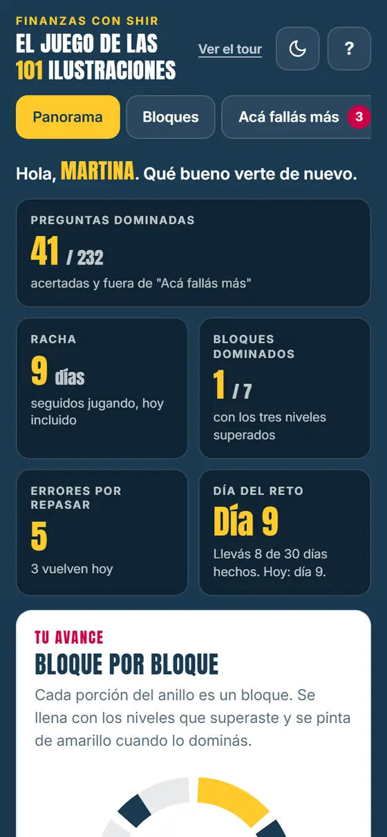 El juego en el celular, pestaña Panorama