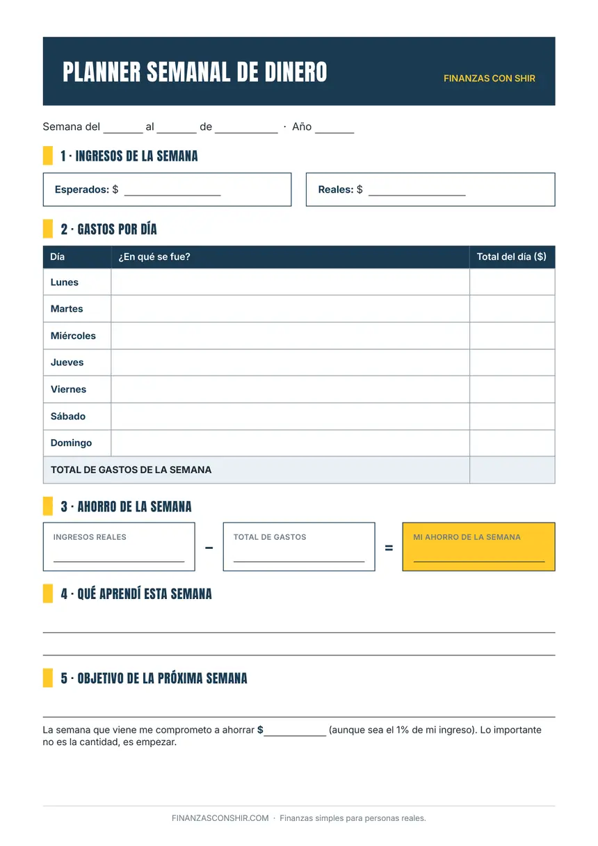 La hoja del planner semanal de dinero