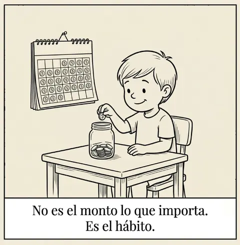 Lámina 11: un chico pone una moneda en un frasco. No es el monto lo que importa. Es el hábito.