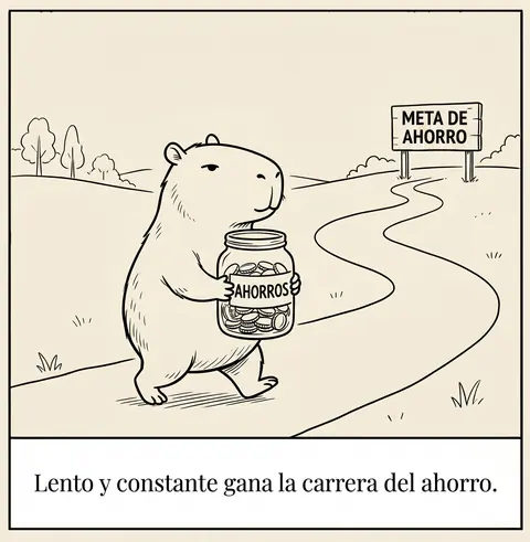 Lámina 44: la capibara camina con su frasco de ahorros hacia la meta. Lento y constante gana la carrera del ahorro.