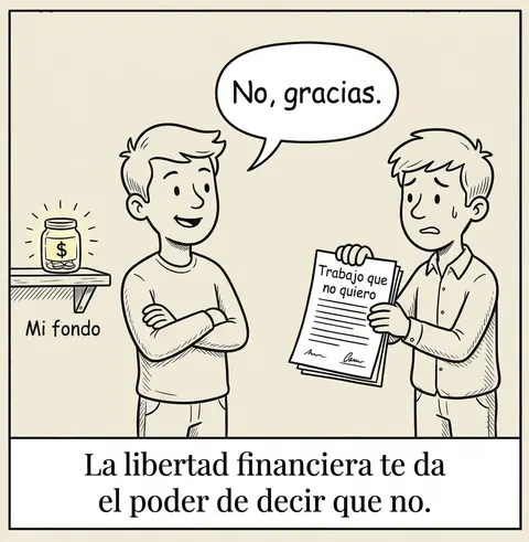 Lámina 94: alguien con su fondo guardado dice no, gracias a un trabajo que no quiere. La libertad financiera te da el poder de decir que no.