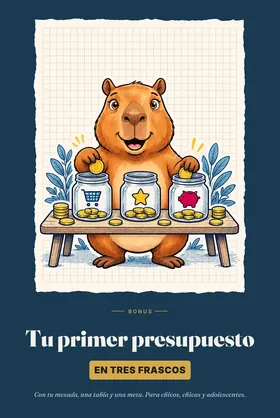 Tapa de la mini guía Tu primer presupuesto: la capibara reparte monedas en tres frascos