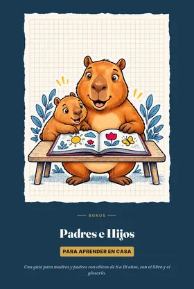 Tapa de la mini guía Padres e Hijos: la capibara y su cría leen un libro