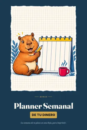 Tapa del Planner Semanal: la capibara con un lápiz frente a la hoja de la semana