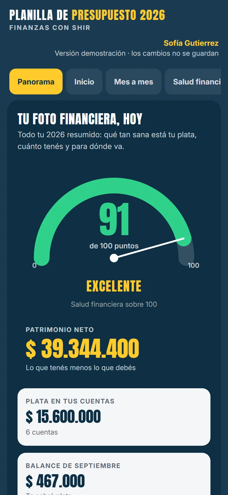 Mi Tablero Financiero en el celular, en la pestaña Panorama